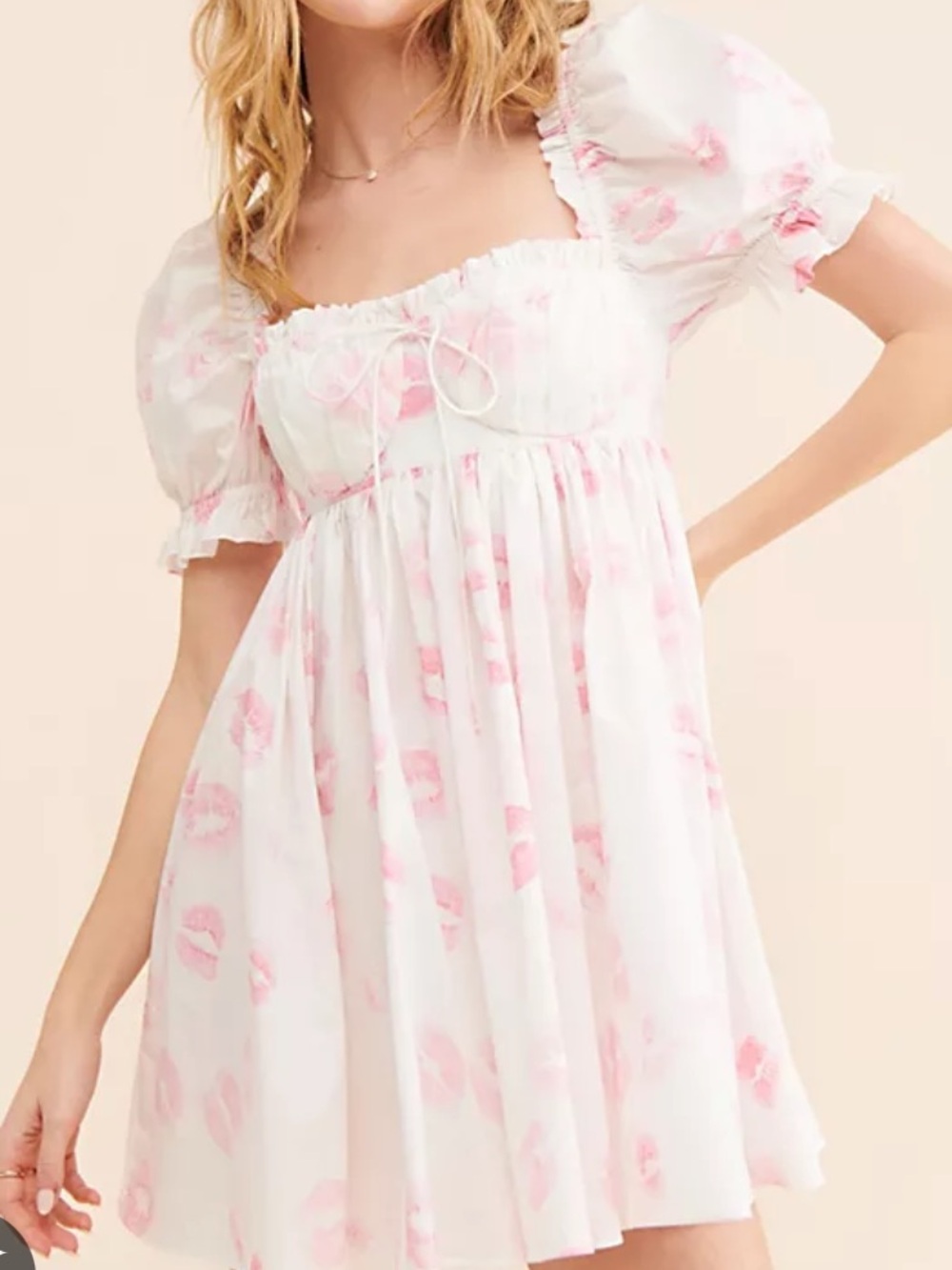 Selkie White Mini Dress with Pink Lip Print